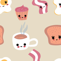 Seamless pattern. Kawaii breakfast set. Bacon, scrambled eggs and toast hand-drawn on an isolated background. Cute products. Vector decorative elements for wallpaper, printing.
