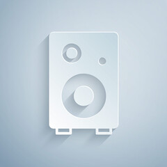 Obraz premium Paper cut Stereo speaker icon isolated on grey background. Sound system speakers. Music icon. Musical column speaker bass equipment. Paper art style. Vector