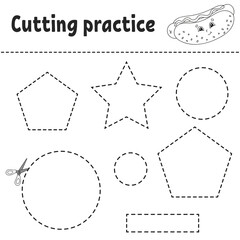 Cutting practice for kids. Education developing worksheet. Activity page with pictures. Game for children. Isolated vector illustration. Funny character. Cartoon style.