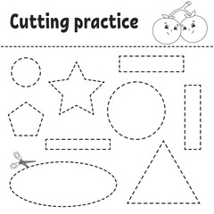 Cutting practice for kids. Education developing worksheet. Activity page with pictures. Game for children. Isolated vector illustration. Funny character. Cartoon style.