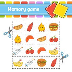 Memory game for kids. Education developing worksheet. Activity page with pictures. Puzzle game for children. Logical thinking training. Isolated vector illustration. Funny character. Cartoon style.
