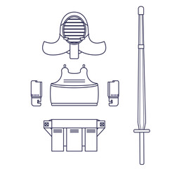 Kendo bougu, kendo armor clothes with shinai bamboo wooden sword, Japanese traditional martial art, Samurai. Asia culture. Combative fight sport concept. Line vector.