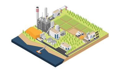 biomass energy, biomass power plant in isometric graphic