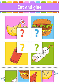 Cut and glue. Set flash cards. Color puzzle. Education developing worksheet. Activity page. Game for children. Funny character. Isolated vector illustration. Cartoon style. Barbecue theme.