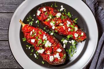 eggplants stuffed with savory tomatoes and feta