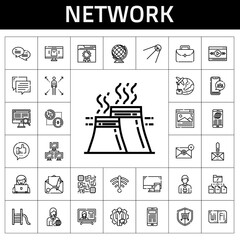 network icon set. line icon style. network related icons such as earth globe, news reporter, industry, employee, network, online shop, security, computer, file, portfolio