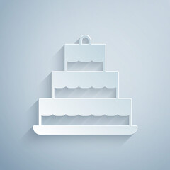 Paper cut Cake with burning candles icon isolated on grey background. Happy Birthday. Paper art style. Vector © vector_v