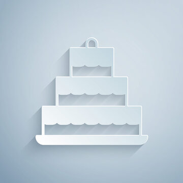 Paper cut Cake with burning candles icon isolated on grey background. Happy Birthday. Paper art style. Vector