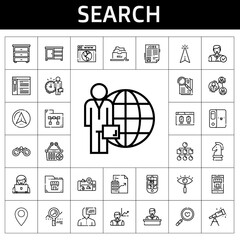 search icon set. line icon style. search related icons such as cursor, job search, binoculars, real estate, navigator, e commerce, drawer, gps, employee, analysis, filing cabinet