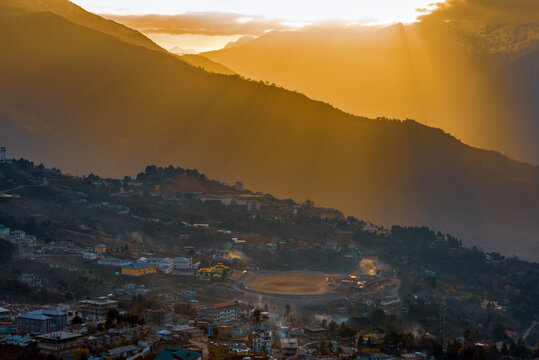 Sunrise over the mountains, scenic sunrise landscape of Tawang town, this town is situated on the foothills of the Himalayas in Arunachal Pradesh in India	