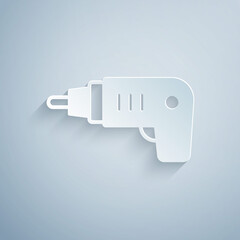 Paper cut Electric cordless screwdriver icon isolated on grey background. Electric drill machine. Repair tool. Paper art style. Vector