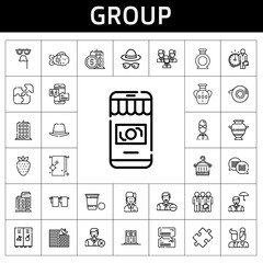 group icon set. line icon style. group related icons such as strawberry, vase, team, employee, locker, users, building, money, towel, teamwork, chat, puzzle, beer pong, fish