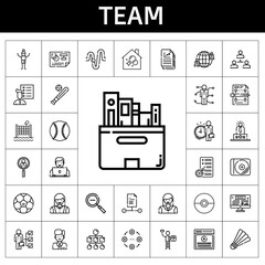 team icon set. line icon style. team related icons such as woman, volley, video, employee, housekeeping, network, skills, user list, file, physics, man, worker, zoom out