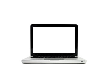 Close up of Mockup Laptop blank(empty) white screen isolated on white background view. Business office. Technology latop.