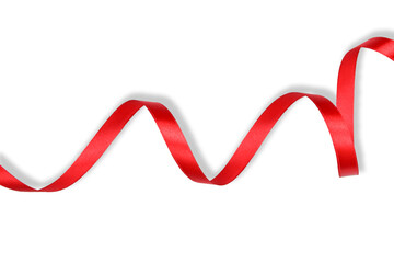 Clipping path. Flat lay of Red ribbon isolated on white background view. Top view shiny rolled....