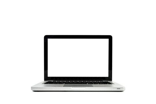 Close up of Mockup Laptop blank(empty) white screen isolated on white background view. Business office. Technology latop.