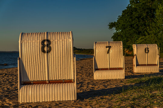 Evening at the Baltic Sea, with Beach chairs and the beach in Zierow, Mecklenburg-Western Pomerania, Germany