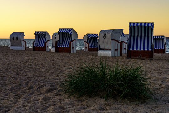 Evening at the Baltic Sea, with Beach chairs and the beach in Hohen Wieschendorf, Mecklenburg-Western Pomerania, Germany
