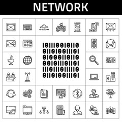 network icon set. line icon style. network related icons such as antenna, components, news reporter, industry, satellite dish, laptop, employee, network, computer, communications
