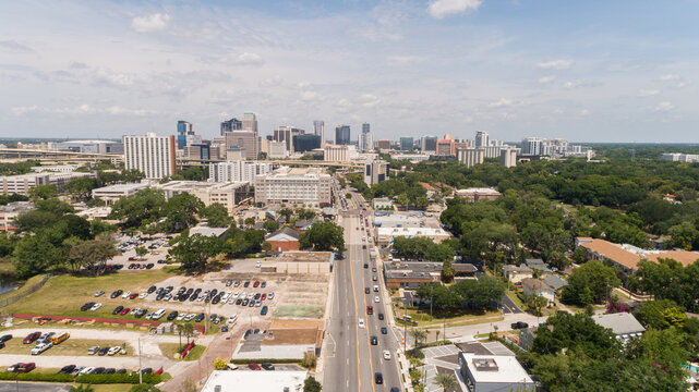 Aerial Shot Over Orange Avenue Facing Downtown Orlando With ORMC Hospital In The Foreground.