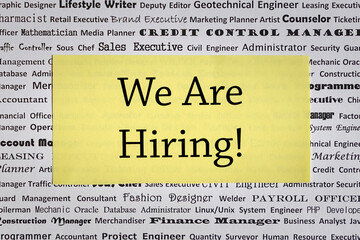 We are hiring, message on top of background with list of vacancies.