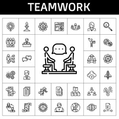 teamwork icon set. line icon style. teamwork related icons such as settings, zoom in, brainstorm, hierarchical structure, team, discussion, employee, research, setting, skills