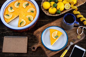 Lemon cheesecake on the table