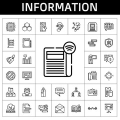 information icon set. line icon style. information related icons such as newspaper, book, presentation, line chart, security, audio guide, signs, file, open book, bar chart