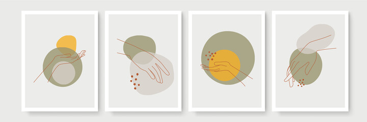 Minimal boho poster. Modern hand gesture abstract botanical wall art decor with nature elements, hand gesture, hand line, hand vector, tropical leaves, fruits, abstract organic