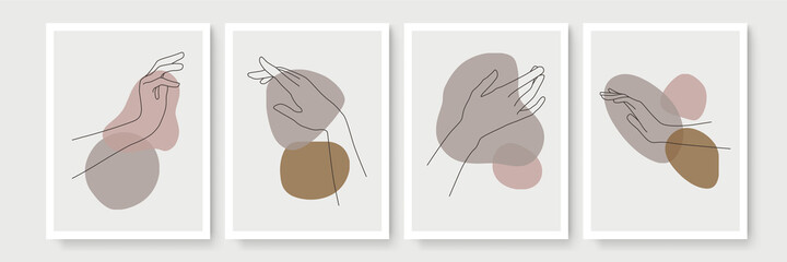 Abstract hand gesture blob sun moon poster set. Contemporary minimalist backgrounds modern boho style. Mid century wall decor, vector art print