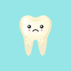 Dirty spoted tooth with emotional face, cute colorful vector icon illustration. Cartoon flat isolated image