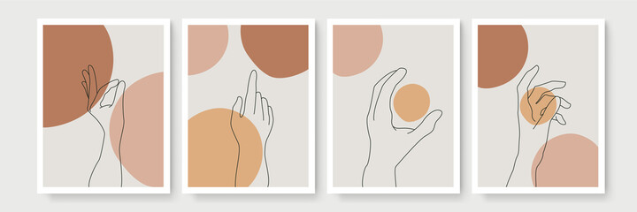 Abstract hand gesture blob sun moon poster set. Contemporary minimalist backgrounds modern boho style. Mid century wall decor, vector art print
