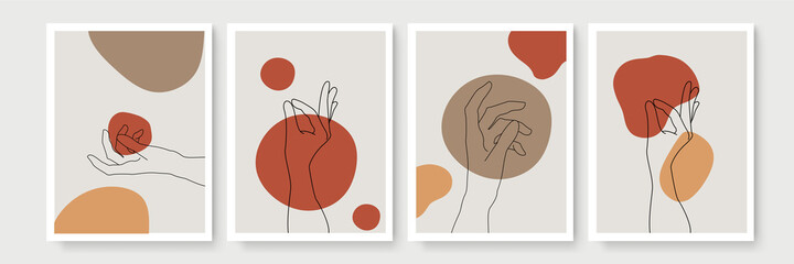 Abstract hand gesture blob sun moon poster set. Contemporary minimalist backgrounds modern boho style. Mid century wall decor, vector art print