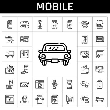 mobile icon set. line icon style. mobile related icons such as smartwatch, smartphone, satellite dish, video, laptop, battery, switch, tablet, computer, side view, car