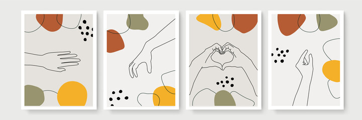 Hand gesture wall art vector set. Foliage line art drawing with abstract shape. Abstract Plant Art design for print, cover, wallpaper, Minimal and natural wall art. Vector illustration.