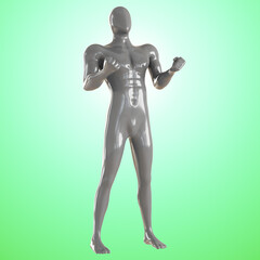 A gray male abstract mannequin stands with his hands clenched into fists on a turquoise backlit background. 3d rendering