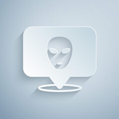 Naklejka premium Paper cut Alien icon isolated on grey background. Extraterrestrial alien face or head symbol. Paper art style. Vector