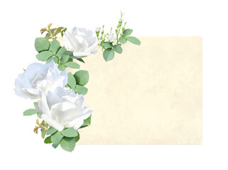 Horizontal retro card with branch of Climbing rose with white flowers