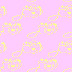 Seamless outline pattern with photo camera. Vector illustration for print, wrapping paper, website, blog and design. Backgrounds and textures on the subject of photography and journalism
