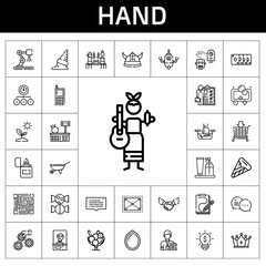 hand icon set. line icon style. hand related icons such as basket, handshake, idea, skills, speech bubble, robot, skeleton, ice cream, qr code, cellphone, hand wash, industrial robot