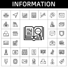 information icon set. line icon style. information related icons such as newspaper, antenna, cursor, upload, paint brush, customer service, book, ozone, unlocked, presentation