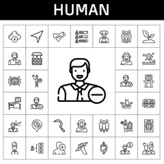 human icon set. line icon style. human related icons such as cursor, sickle, employee, sleep, skills, smoker, clown, hand wash, man, atm, placeholder, massage therapist, group