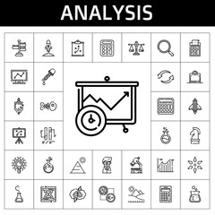 analysis icon set. line icon style. analysis related icons such as calculator, loupe, scientist, signpost, scale, eyedropper, research, microscope, analytics, line chart, urinal