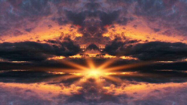 Cinemagraph Continuous Loop Animation - Sun glare rises above the surface of the lake against the backdrop of epic dark clouds and bright sunset glow. Epic sky with dark clouds over water.