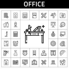office icon set. line icon style. office related icons such as wall clock, water dispenser, sketchbook, house, locker, building, wind rose, computer, file, legal, window cleaner