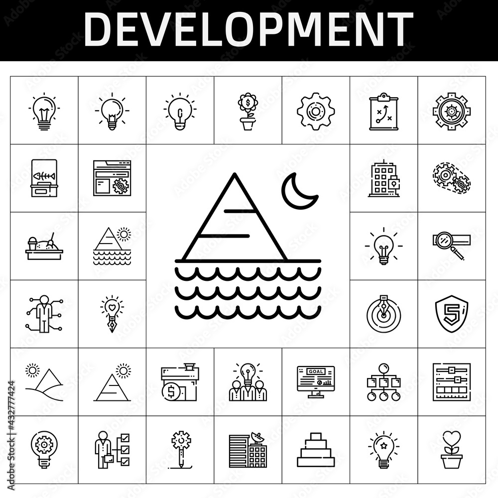 Poster development icon set. line icon style. development related icons such as settings, goal, creative pr