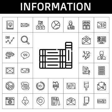 information icon set. line icon style. information related icons such as paint brush, news reporter, book, cctv, padlock, quotes, line chart, notification, ar glasses, no smoking