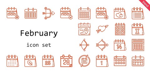february icon set. line icon style. february related icons such as calendar, cupid, valentines day,