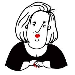 illustration caricature of funny plump middle aged blond woman with red lips and nails isolated