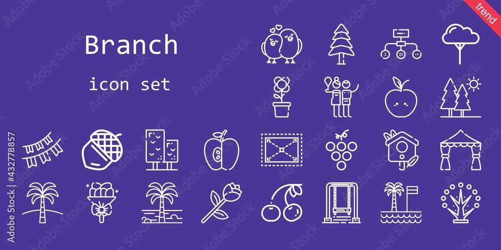Poster branch icon set. line icon style. branch related icons such as cherry, pine, hierarchical structure,